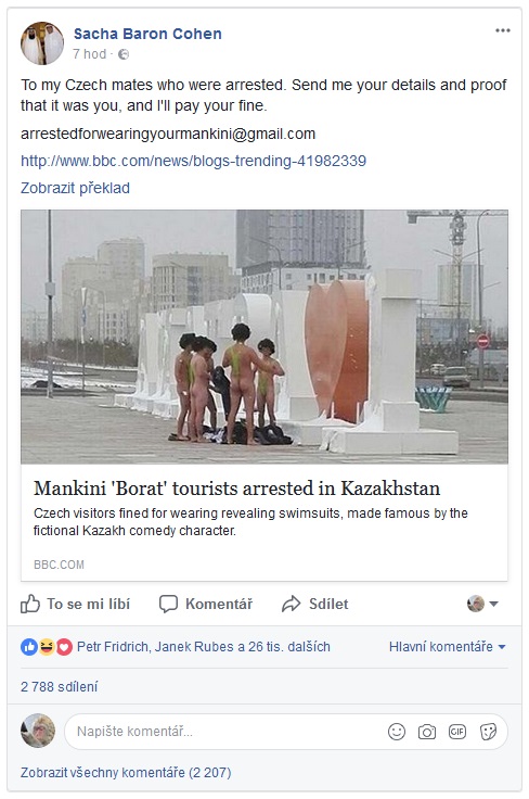 Borat, neboli Sacha Baron Cohen, zaplatí za Čechy pokutu Kazachům ...